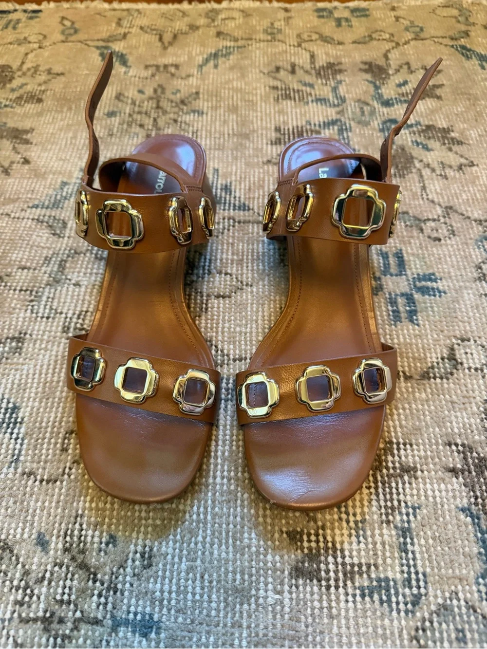 Larroude Brown Leather Strappy Block Heel Sandals with Gold Buckles